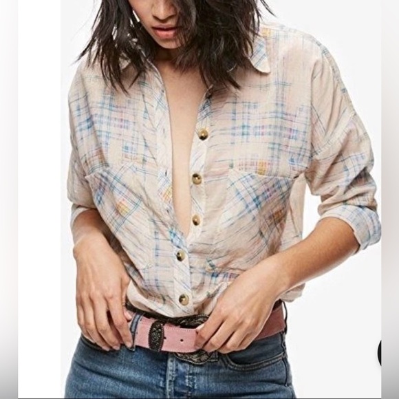 Free People Tops - Free People‎ Shore Vibes Relaxed Lightweight Plaid Button Down Boyfriend Ivory